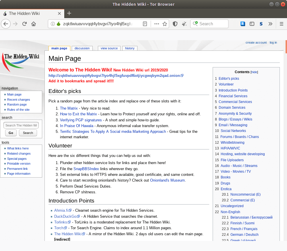 Onion-Homepage für das Hidden Wiki.