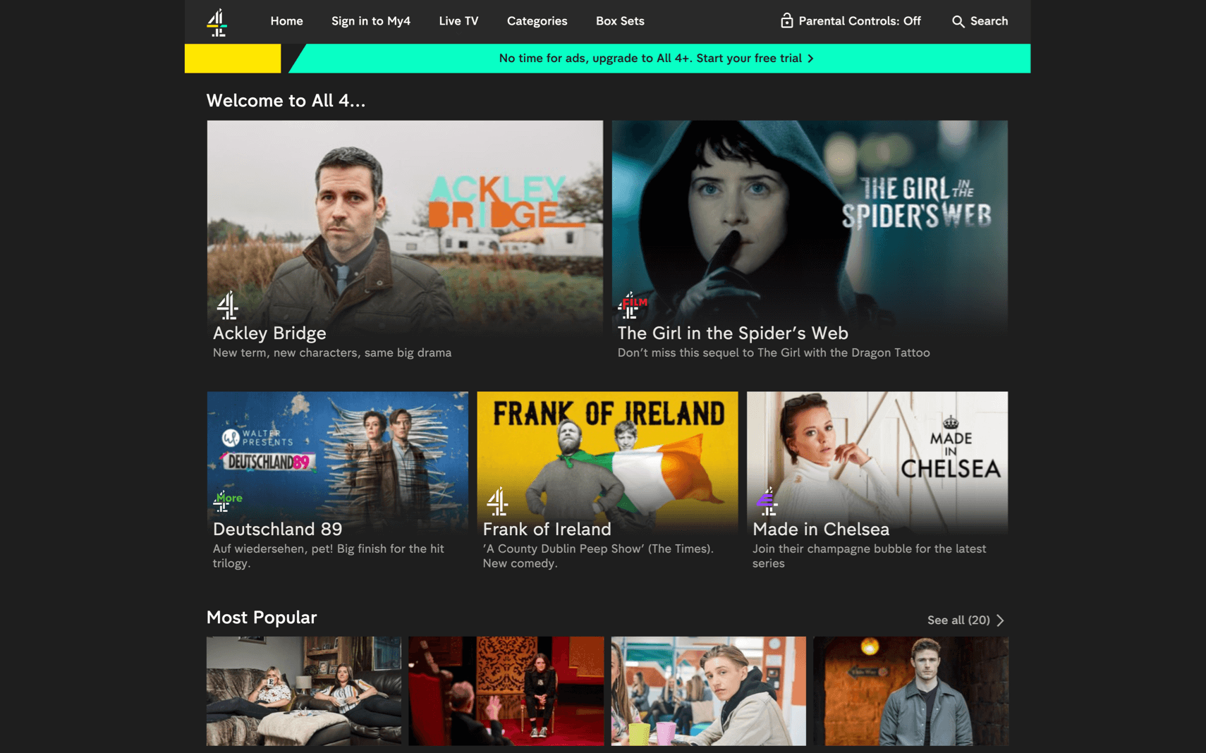 La pantalla de inicio y programas de la aplicación All 4 de Channel 4 UK