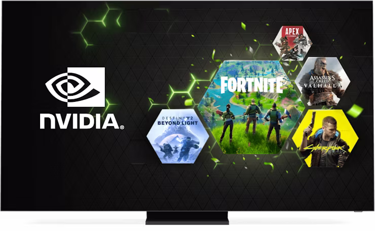 Pantalla con el logotipo de Nvidia y juegos en l&iacute;nea.